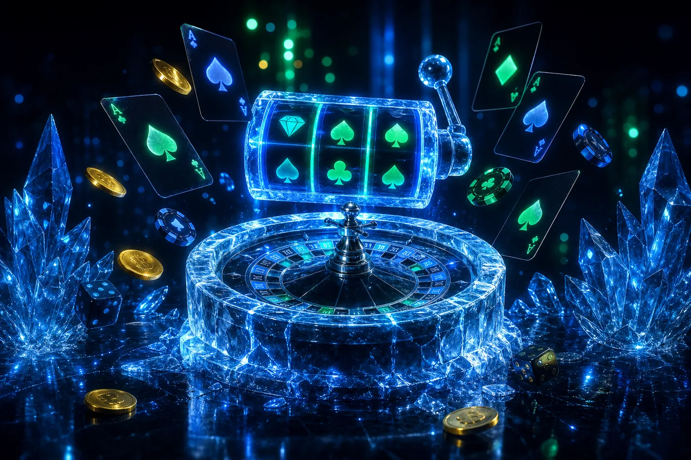 Lobby Ice Casino z lodowym motywem, slotami i stołem do ruletki