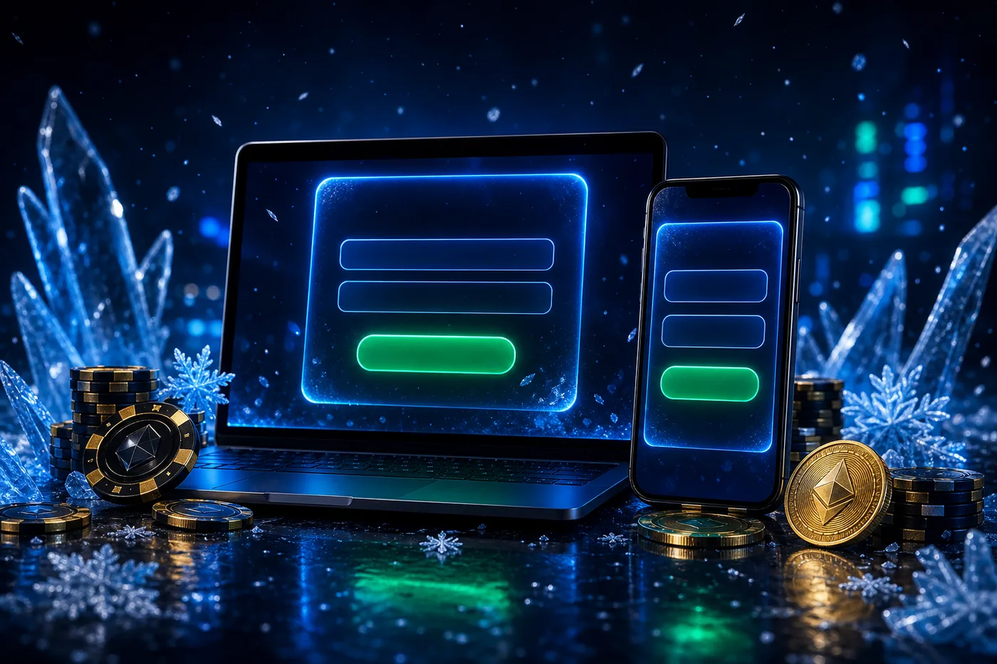 Ekran logowania Ice Casino na laptopie i smartfonie w zimowej, lodowej scenerii