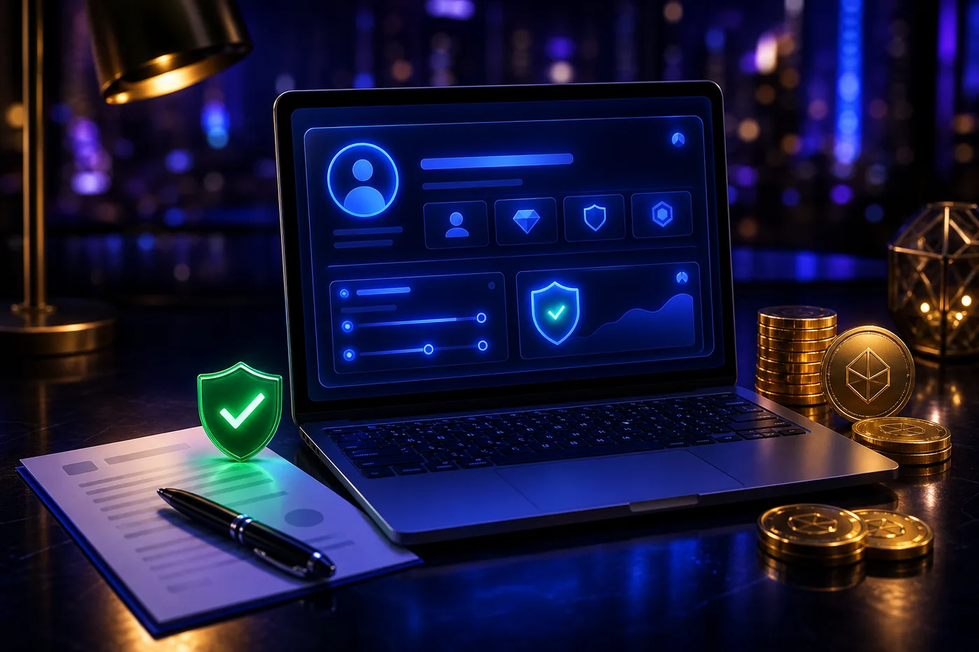 Dokument regulaminu na biurku obok laptopa z otwartym kontem gracza